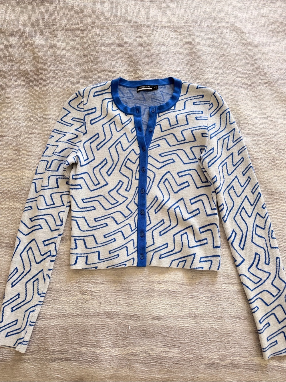 J.Lindeberg White Cardigan Jacket with Blue Geometric Trim, Size S - Picture 3 of 11